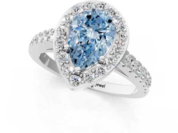 White gold Fancy Blue Pear Cut Halo Diamond Ring with Pavé Band and Three-Prong Setting