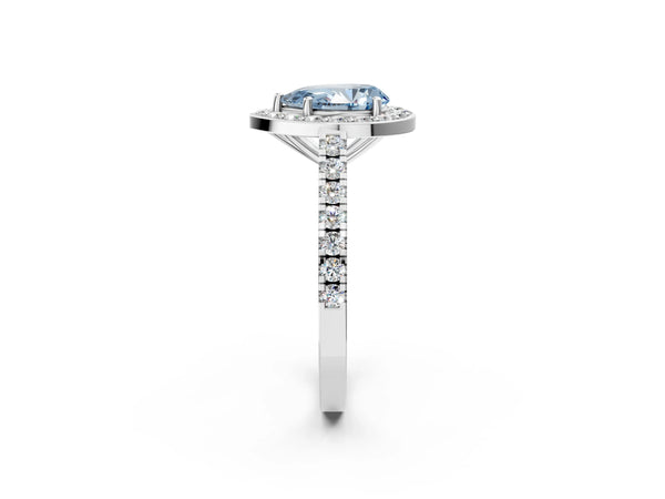 White gold Fancy Blue Pear Cut Halo Diamond Ring with Pavé Band and Three-Prong Setting