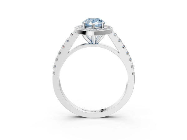 White gold Fancy Blue Pear Cut Halo Diamond Ring with Pavé Band and Three-Prong Setting