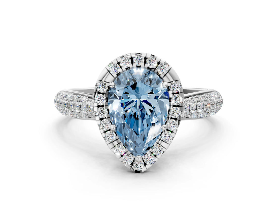 White gold Fancy Blue Pear Cut Halo Diamond Ring with Pavé Band_12