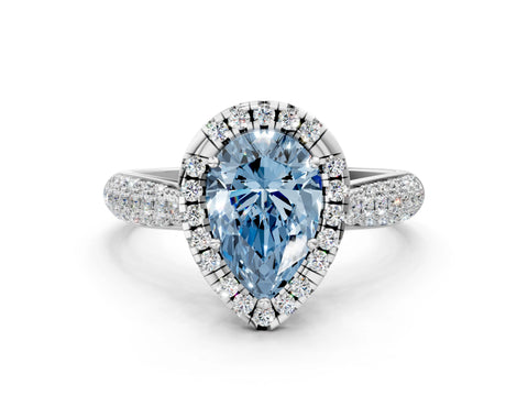White gold Fancy Blue Pear Cut Halo Diamond Ring with Pavé Band_12
