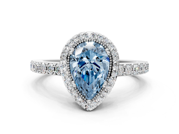 Platinum Fancy Blue Pear  Cut Diamond Halo Engagement Ring with Milgrain Detail and Pavé Band