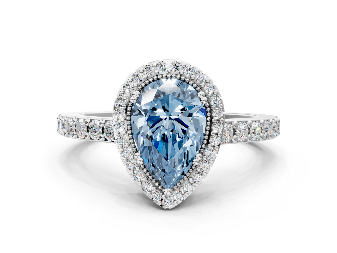 White gold Fancy Blue Pear  Cut Halo Diamond Ring with Pave Band and Four-Prong Setting_24