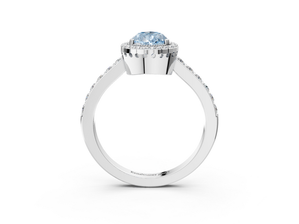 Platinum Fancy Blue Pear  Cut Diamond Halo Engagement Ring with Milgrain Detail and Pavé Band