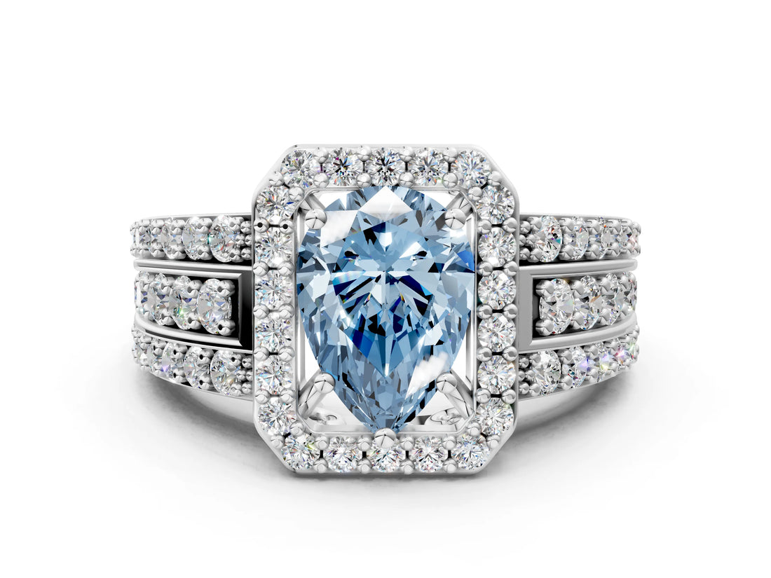 White gold Fancy Blue Pear Cut Halo Diamond Ring with Round  Split Shank and Prong Setting_119