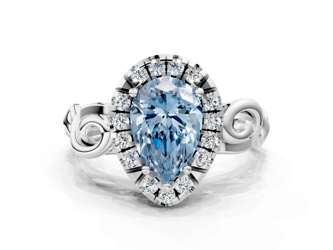 White gold Fancy Blue Pear  Cut Halo Diamond Ring with Scrollwork Band and Four-Prong Setting_72
