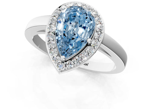 White gold Fancy Blue Pear Cut Halo Diamond Ring with Solitaire Band and Prong Setting_25