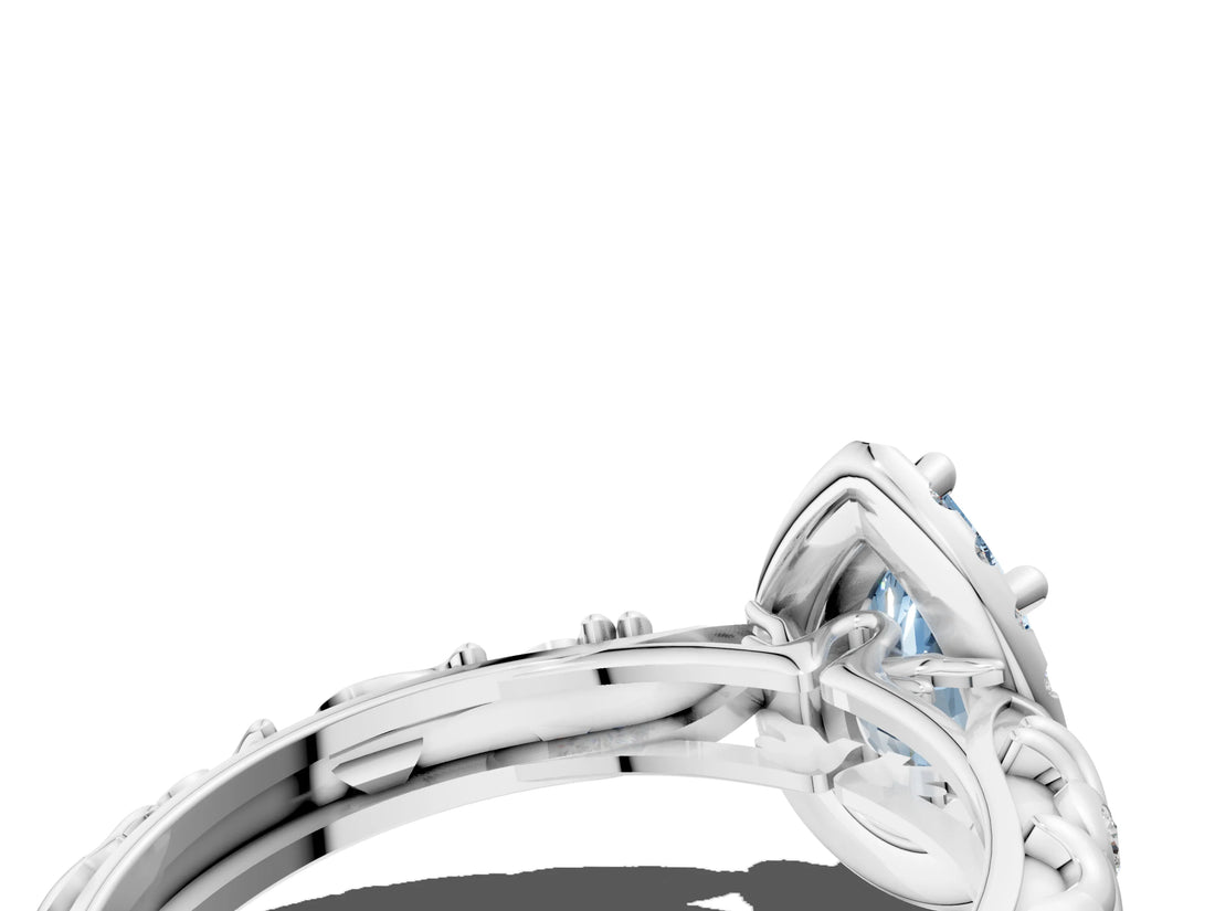 White gold Fancy Blue Pear Cut Halo Diamond Solitaire with Filigree Band and Four-Prong Setting