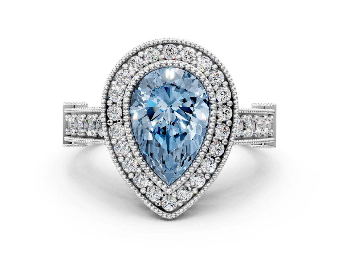 White gold Fancy Blue Pear Cut Halo Diamond Split Shank Pave Ring