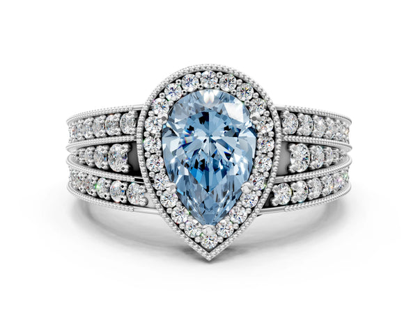 White gold Fancy Blue Pear Cut Halo Diamond Split Shank Ring with Prong Setting