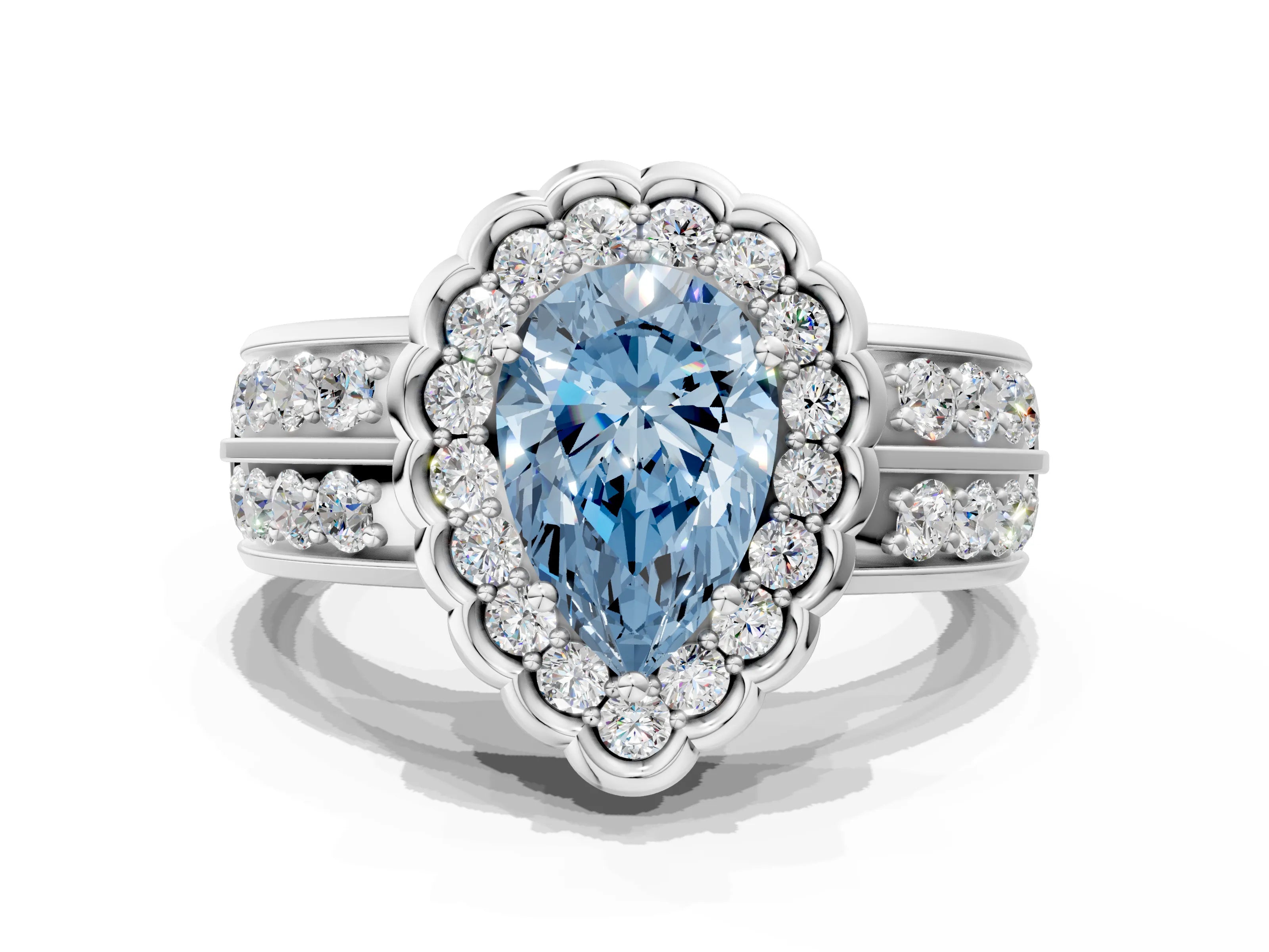 White gold Fancy Blue Pear Cut Halo Diamond Split Shank Ring with Scalloped Prong Setting_12