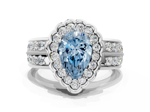 White gold Fancy Blue Pear Cut Halo Diamond Split Shank Ring with Scalloped Prong Setting_12