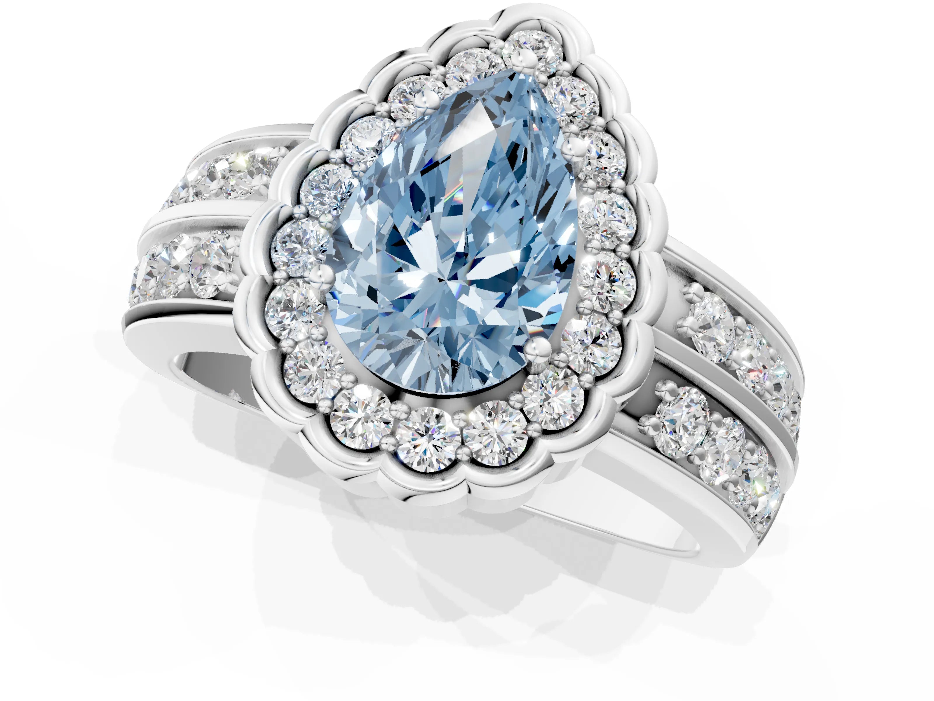 White gold Fancy Blue Pear Cut Halo Diamond Split Shank Ring with Scalloped Prong Setting_13