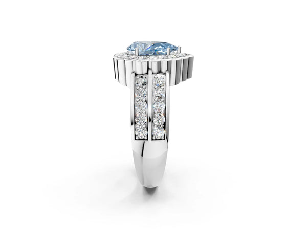 Platinum Fancy Blue Pear Cut Halo Diamond Split Shank Ring with Scalloped Prong Setting