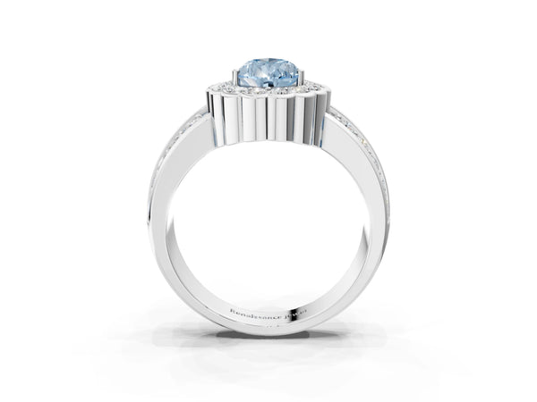 Platinum Fancy Blue Pear Cut Halo Diamond Split Shank Ring with Scalloped Prong Setting