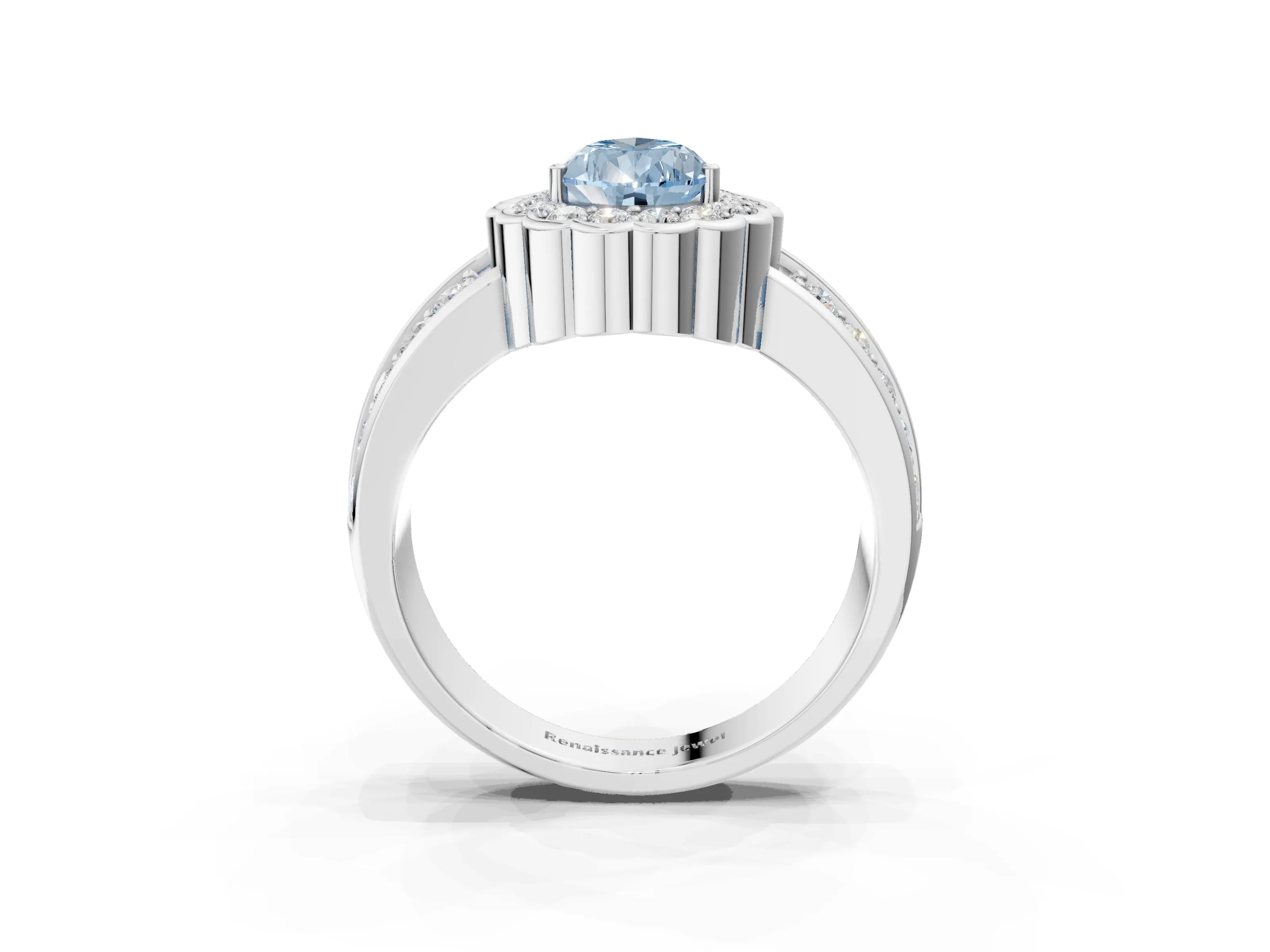 White gold Fancy Blue Pear Cut Halo Diamond Split Shank Ring with Scalloped Prong Setting_15