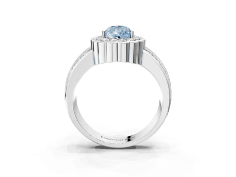 White gold Fancy Blue Pear Cut Halo Diamond Split Shank Ring with Scalloped Prong Setting_15