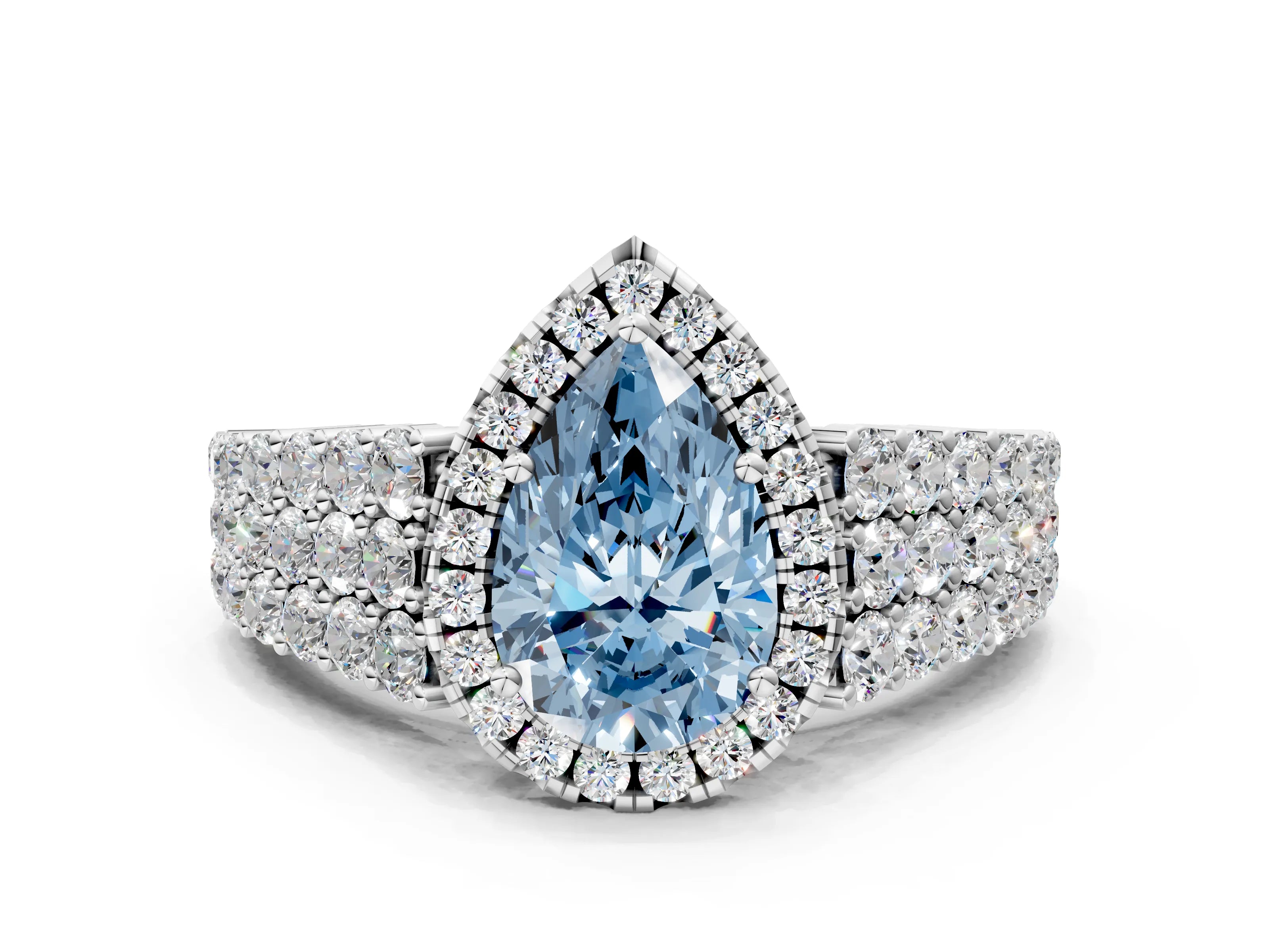 White gold Fancy Blue Pear Cut Halo Pavé Diamond Engagement Ring with Split Shank and Four-Prong Setting_3