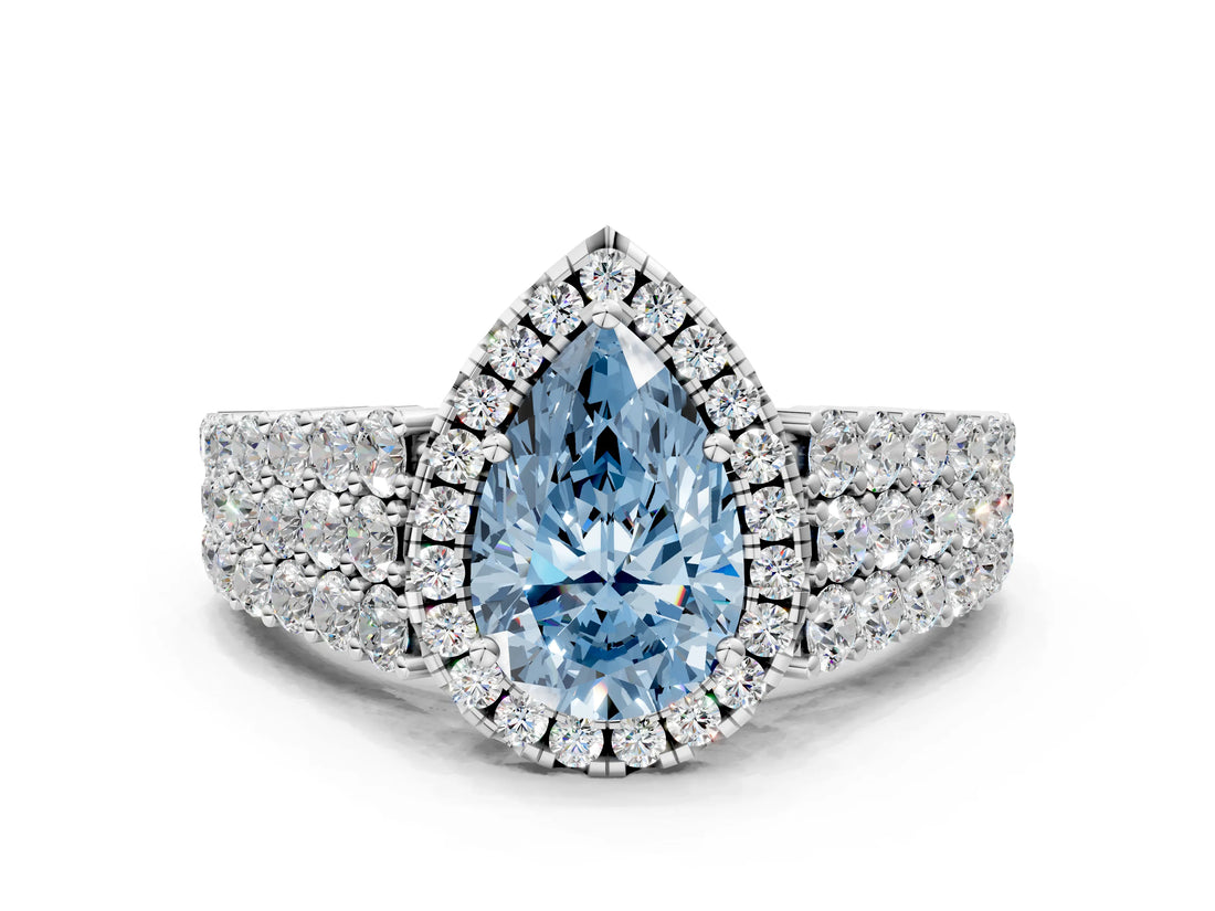White gold Fancy Blue Pear Cut Halo Pavé Diamond Engagement Ring with Split Shank and Four-Prong Setting_3