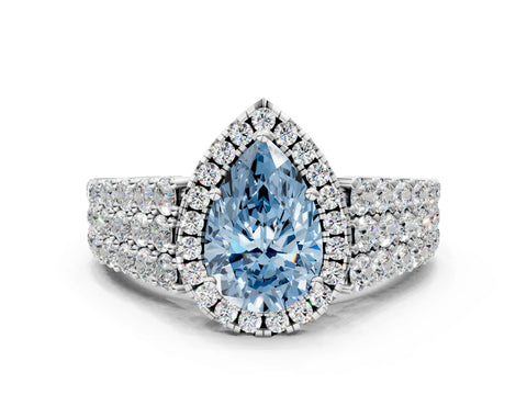White gold Fancy Blue Pear Cut Halo Pavé Diamond Engagement Ring with Split Shank and Four-Prong Setting_3