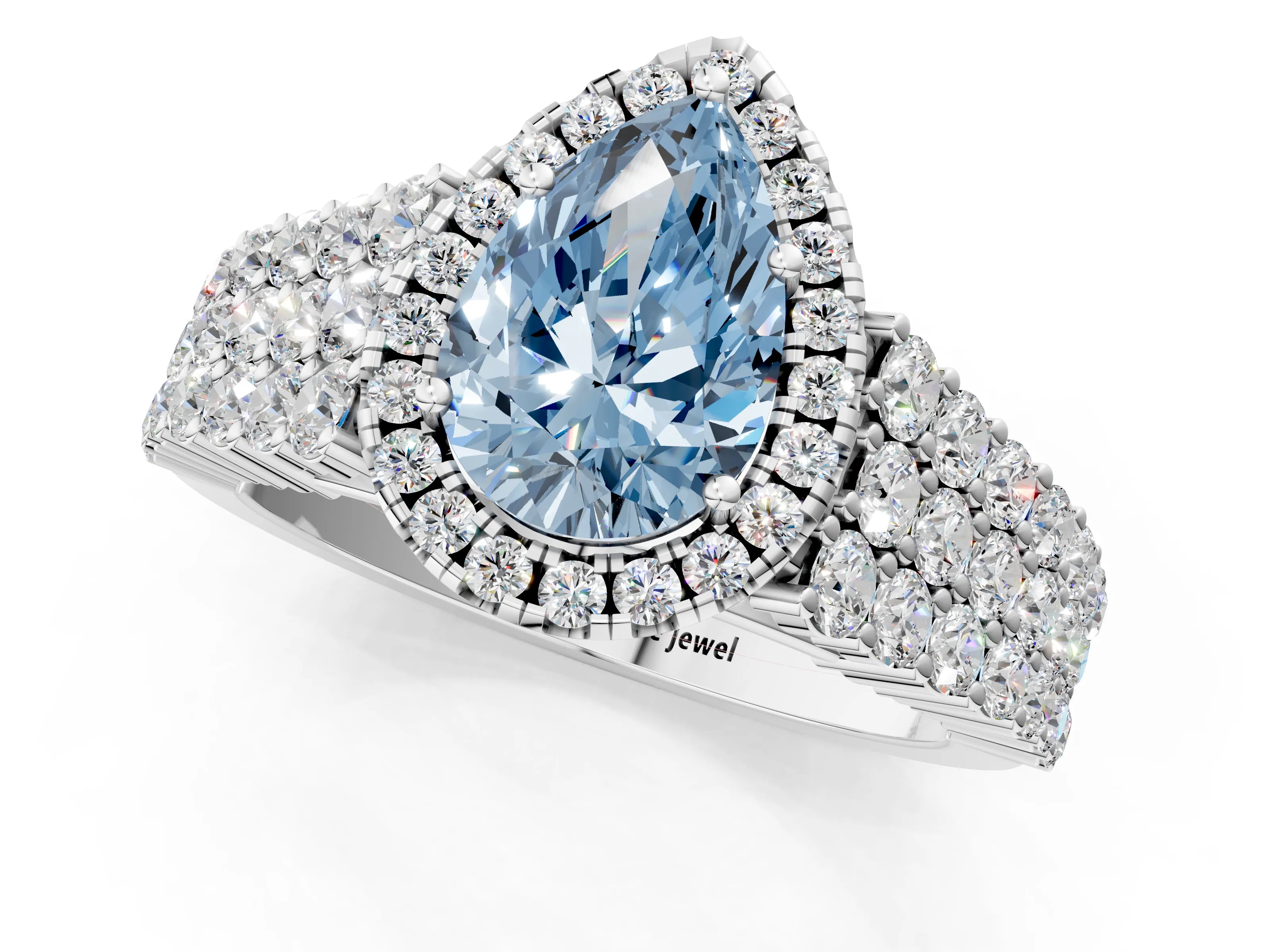 White gold Fancy Blue Pear Cut Halo Pavé Diamond Engagement Ring with Split Shank and Four-Prong Setting_4