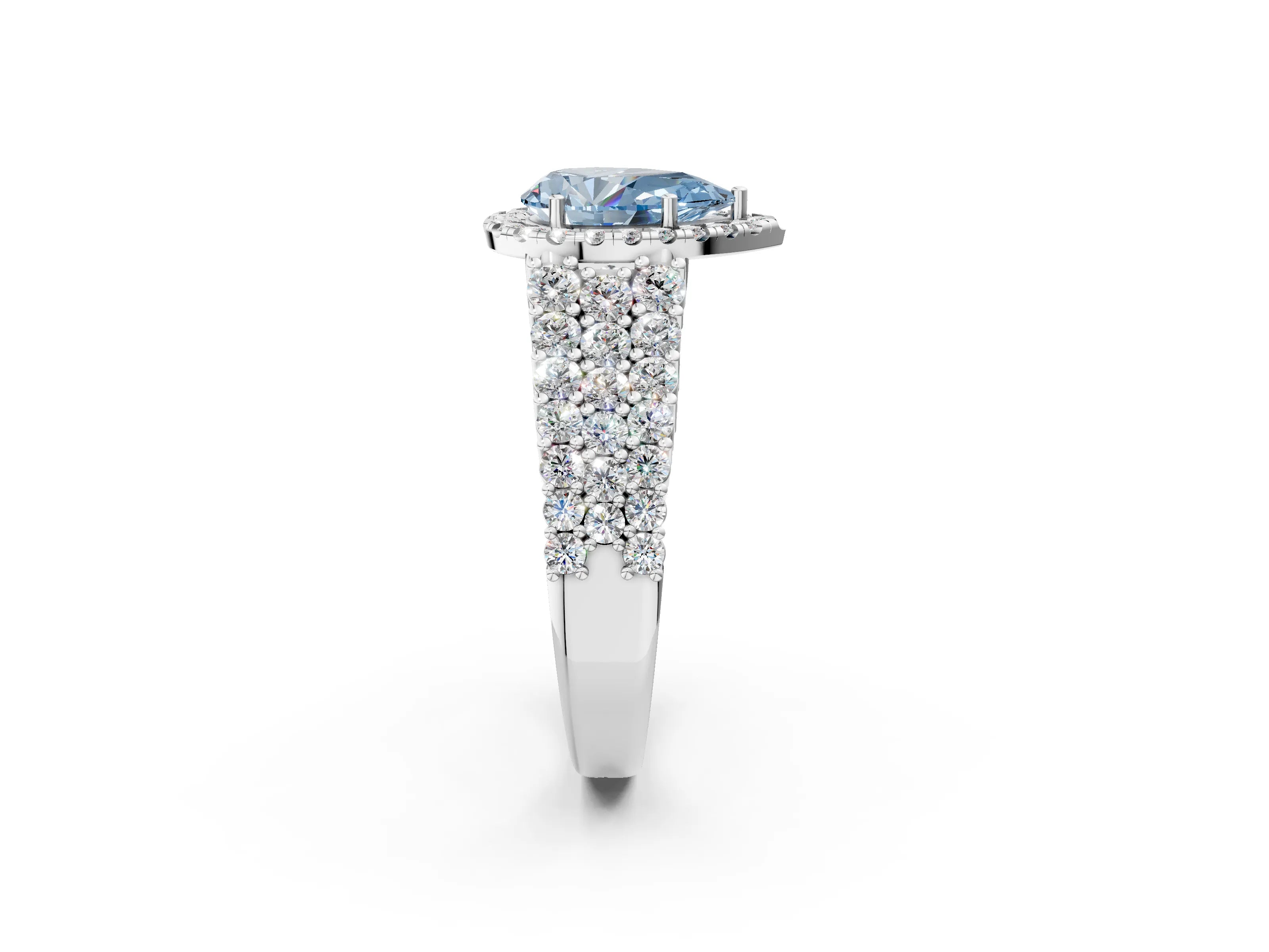 White gold Fancy Blue Pear Cut Halo Pavé Diamond Engagement Ring with Split Shank and Four-Prong Setting_5