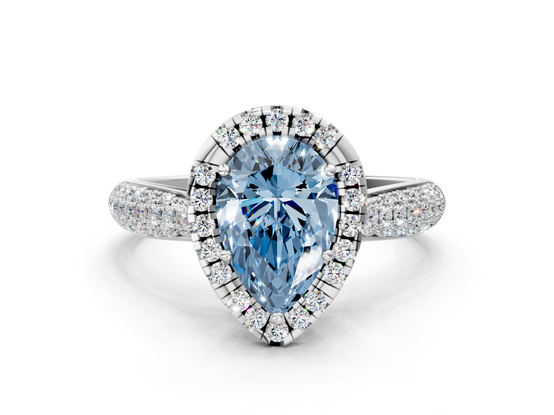 White gold Fancy Blue Pear  Cut Halo Pave Band Four-Prong Setting Ring_38