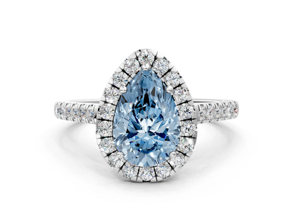Platinum Fancy Blue Pear Cut Halo Pave Diamond Engagement Ring with Four-Prong Setting
