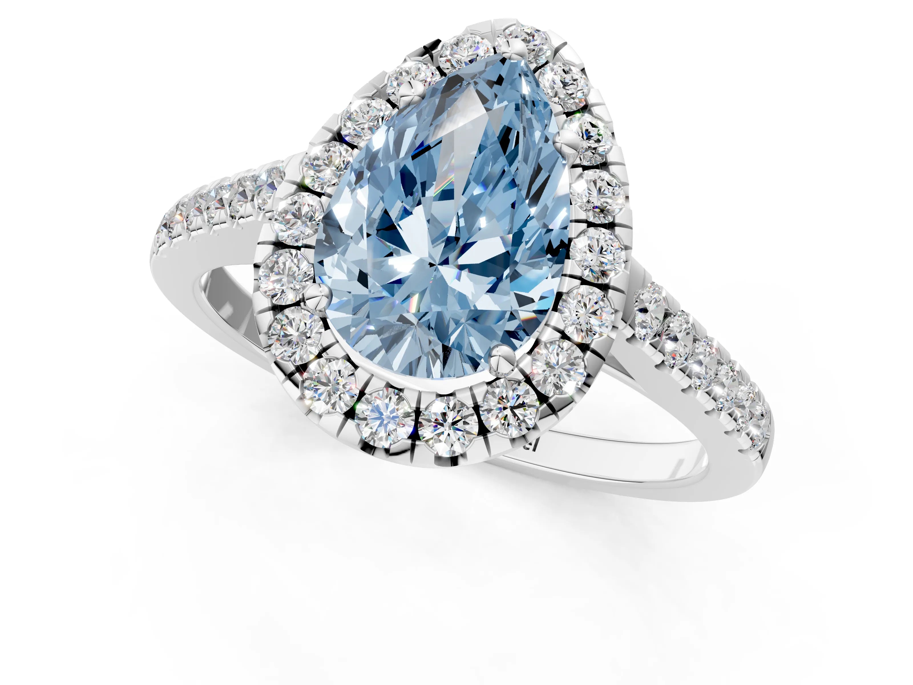 White gold Fancy Blue Pear Cut Halo Pave Diamond Engagement Ring with Four-Prong Setting_1