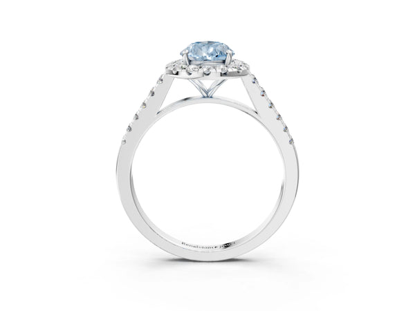 Platinum Fancy Blue Pear Cut Halo Pave Diamond Engagement Ring with Four-Prong Setting
