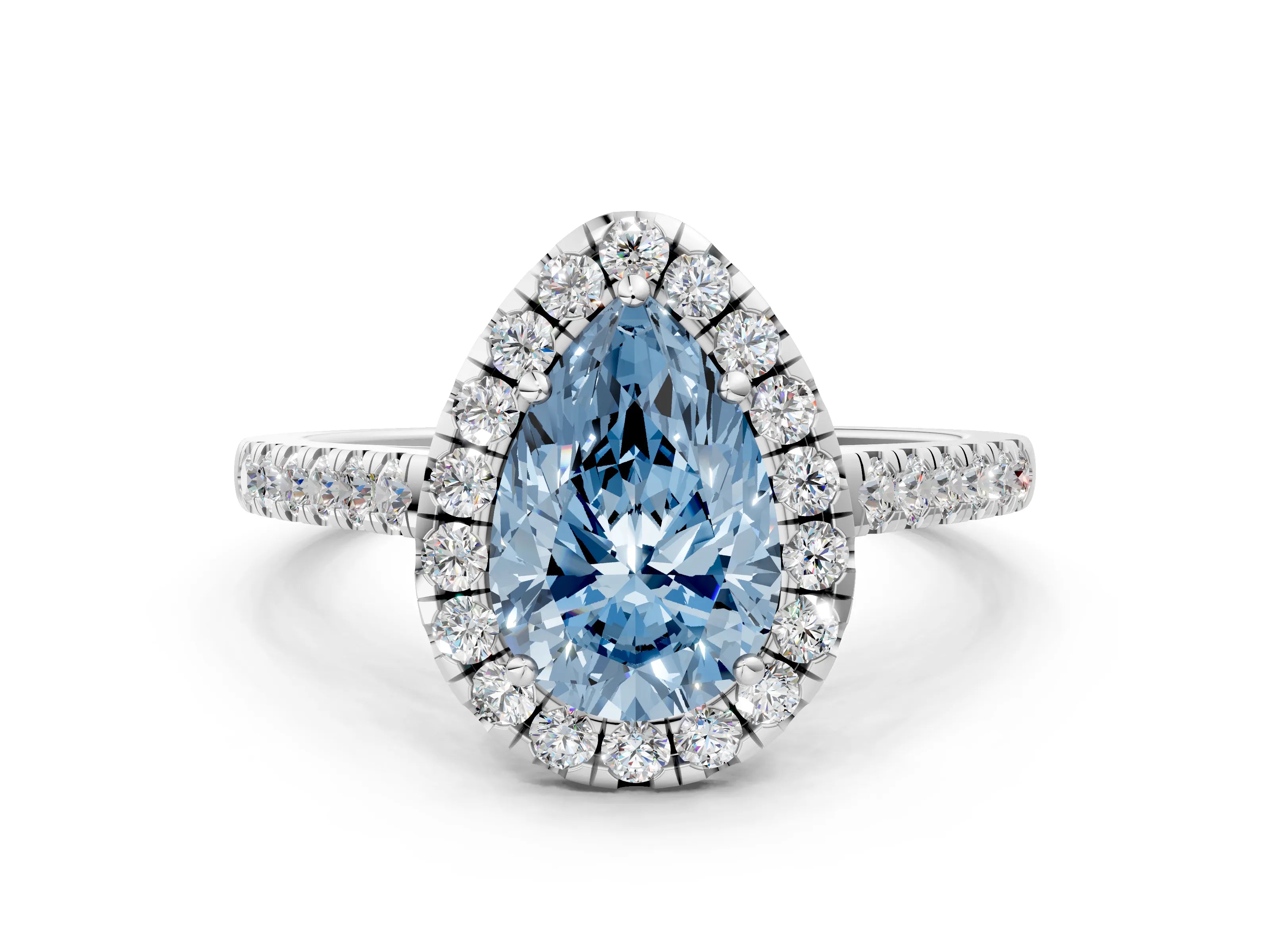 White gold Fancy Blue Pear Cut Halo Pave Diamond Engagement Ring with Four-Prong Setting