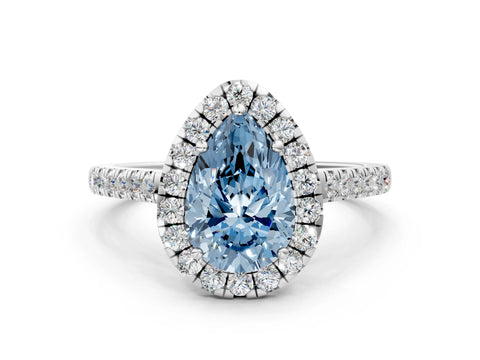 White gold Fancy Blue Pear Cut Halo Pave Diamond Engagement Ring with Four-Prong Setting