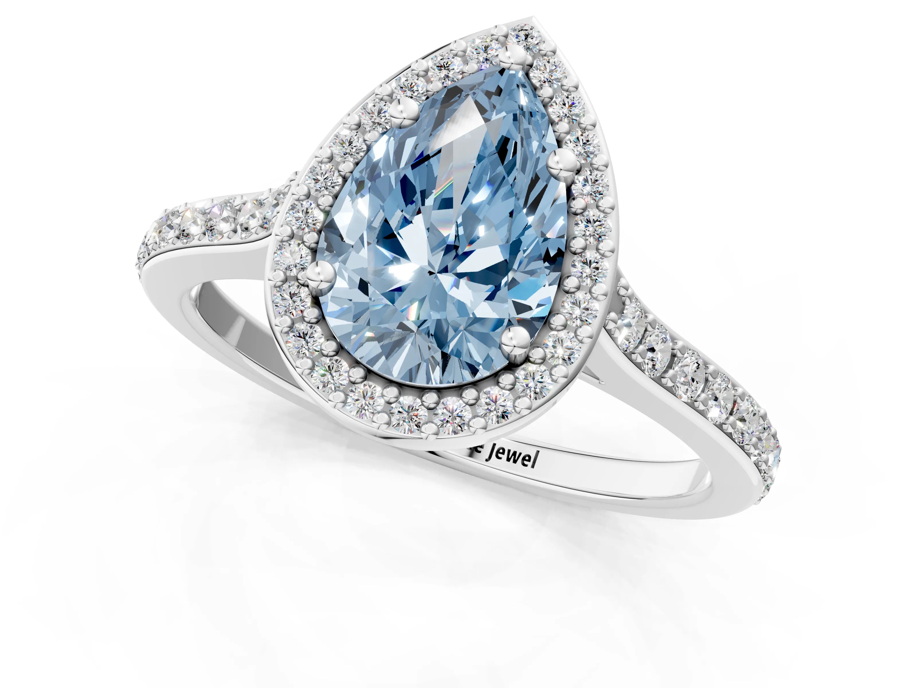 White gold Fancy Blue Pear Cut Halo Round Diamond Pavé Band with Four-Prong Setting_22