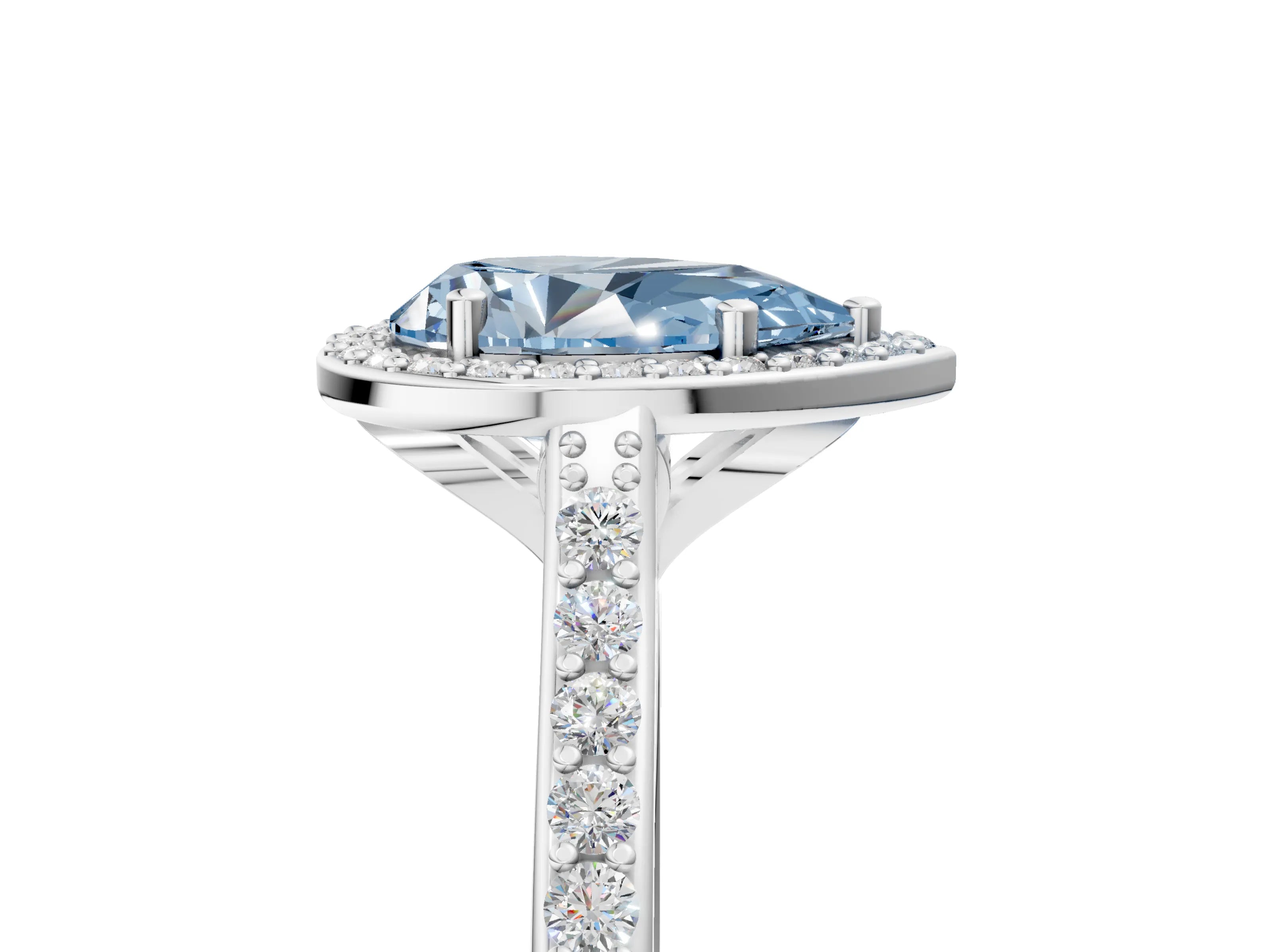 White gold Fancy Blue Pear Cut Halo Round Diamond Pavé Band with Four-Prong Setting_26
