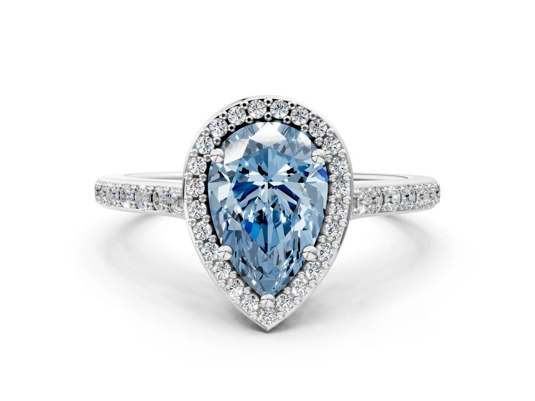 White gold Fancy Blue Pear Cut Halo Round Diamond Pavé Band with Four-Prong Setting_27