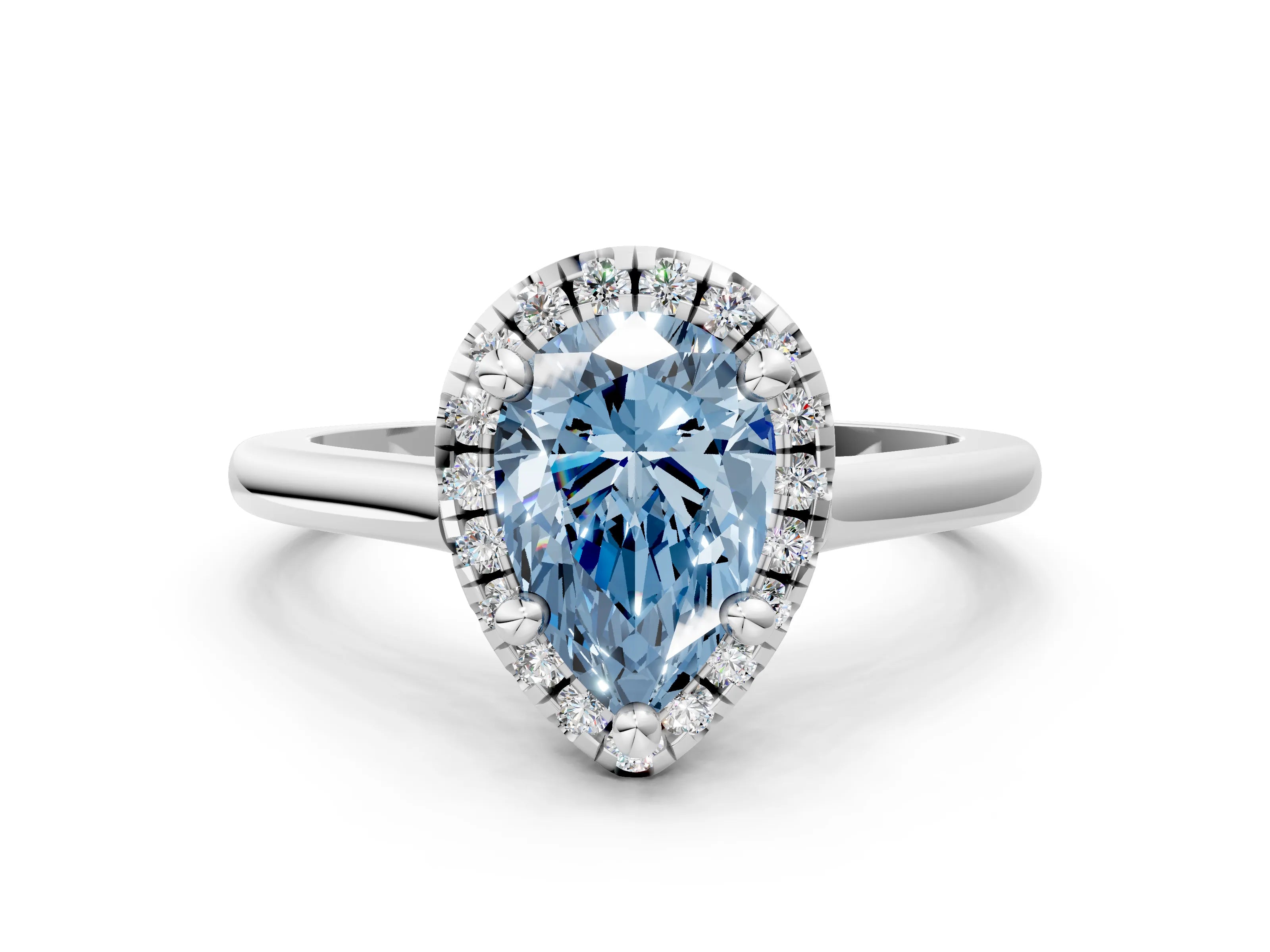 White gold Fancy Blue Pear Cut Halo Round Diamond Solitaire Engagement Ring with Pave Band and Four-Prong Setting_24