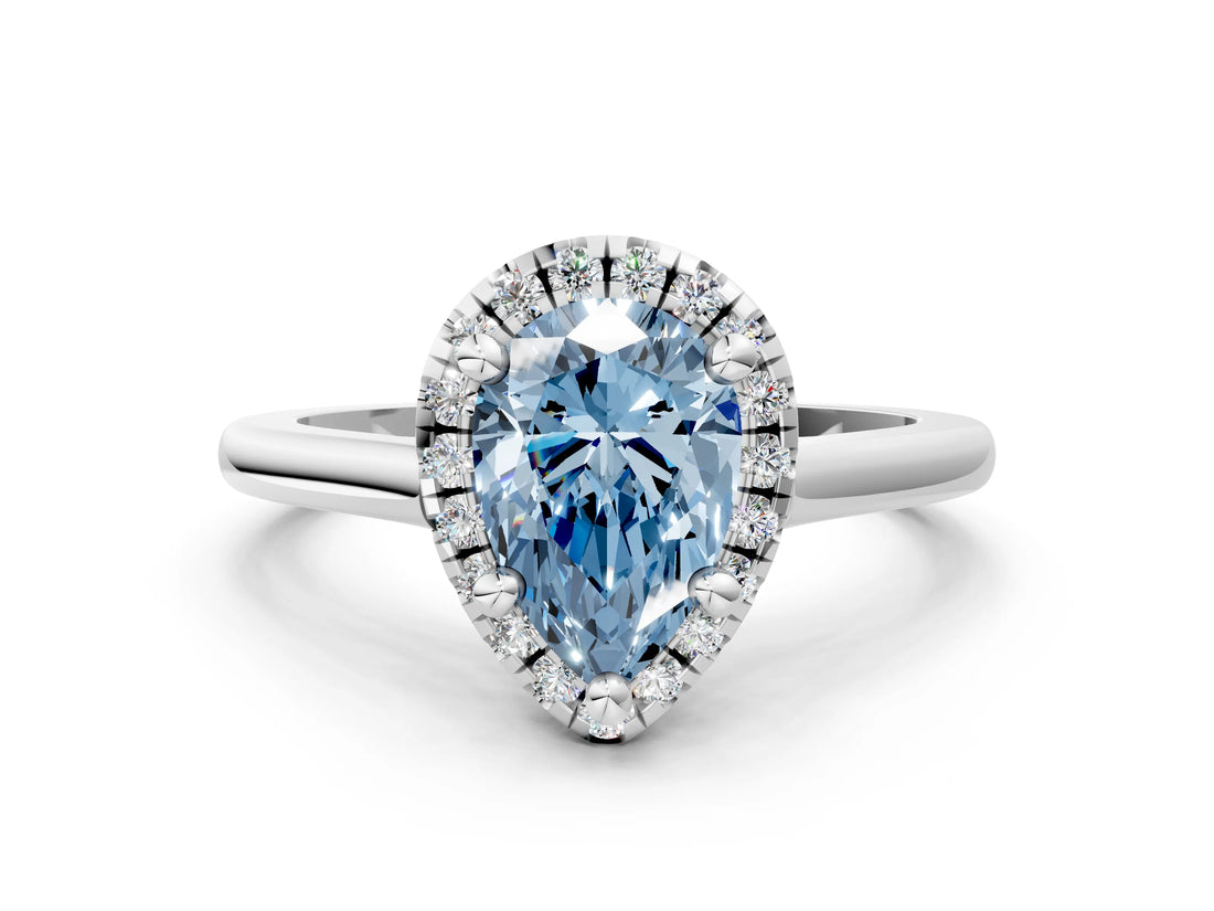 White gold Fancy Blue Pear Cut Halo Round Diamond Solitaire Engagement Ring with Pave Band and Four-Prong Setting_24