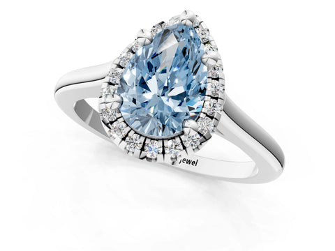 White gold Fancy Blue Pear Cut Halo Round Diamond Solitaire Engagement Ring with Pave Band and Four-Prong Setting_25