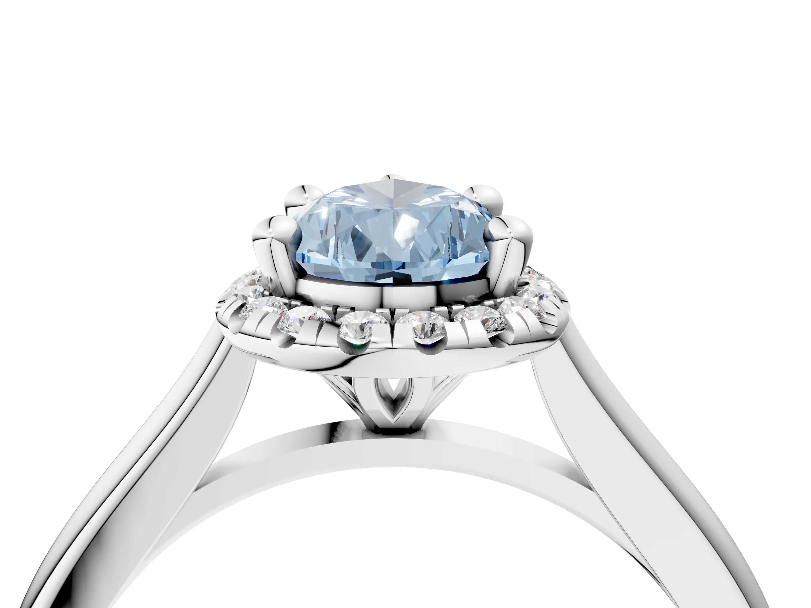 White gold Fancy Blue Pear Cut Halo Round Diamond Solitaire Engagement Ring with Pave Band and Four-Prong Setting_28