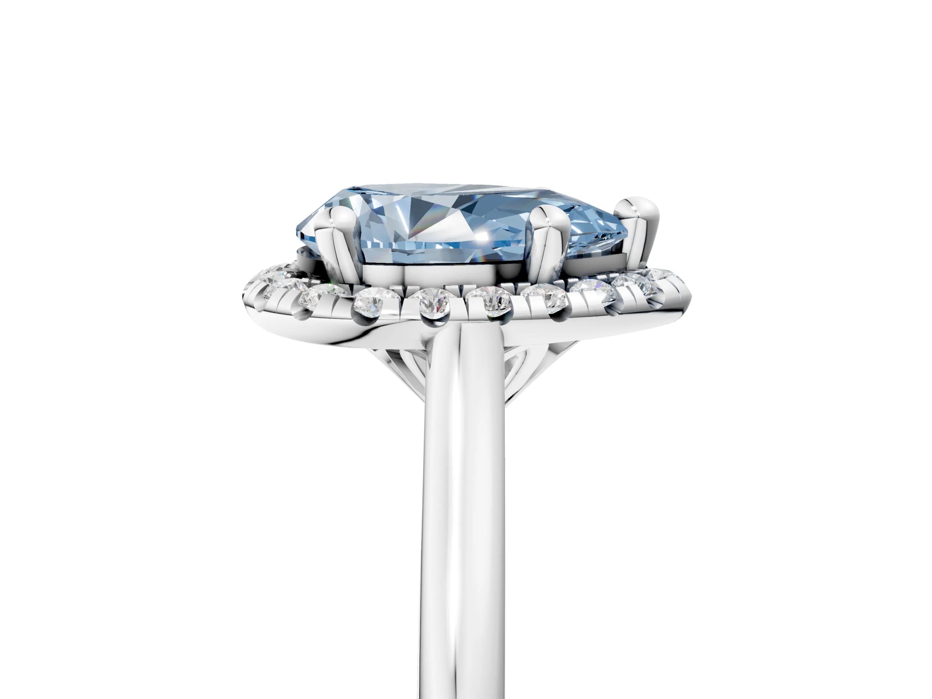 White gold Fancy Blue Pear Cut Halo Round Diamond Solitaire Engagement Ring with Pave Band and Four-Prong Setting_29