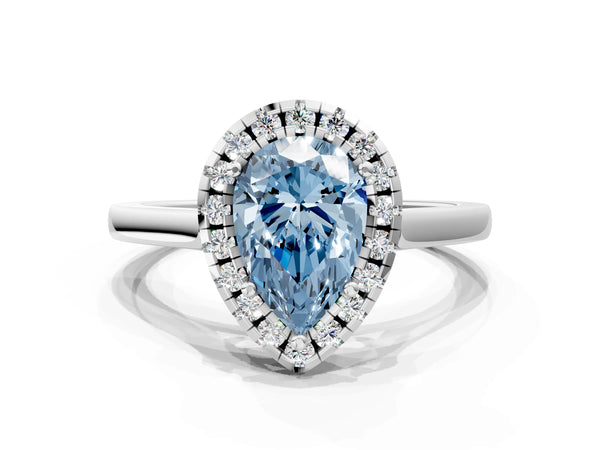 White gold Fancy Blue Pear Cut Halo Round Diamond Solitaire Ring with Pavé Band and Four-Prong Setting