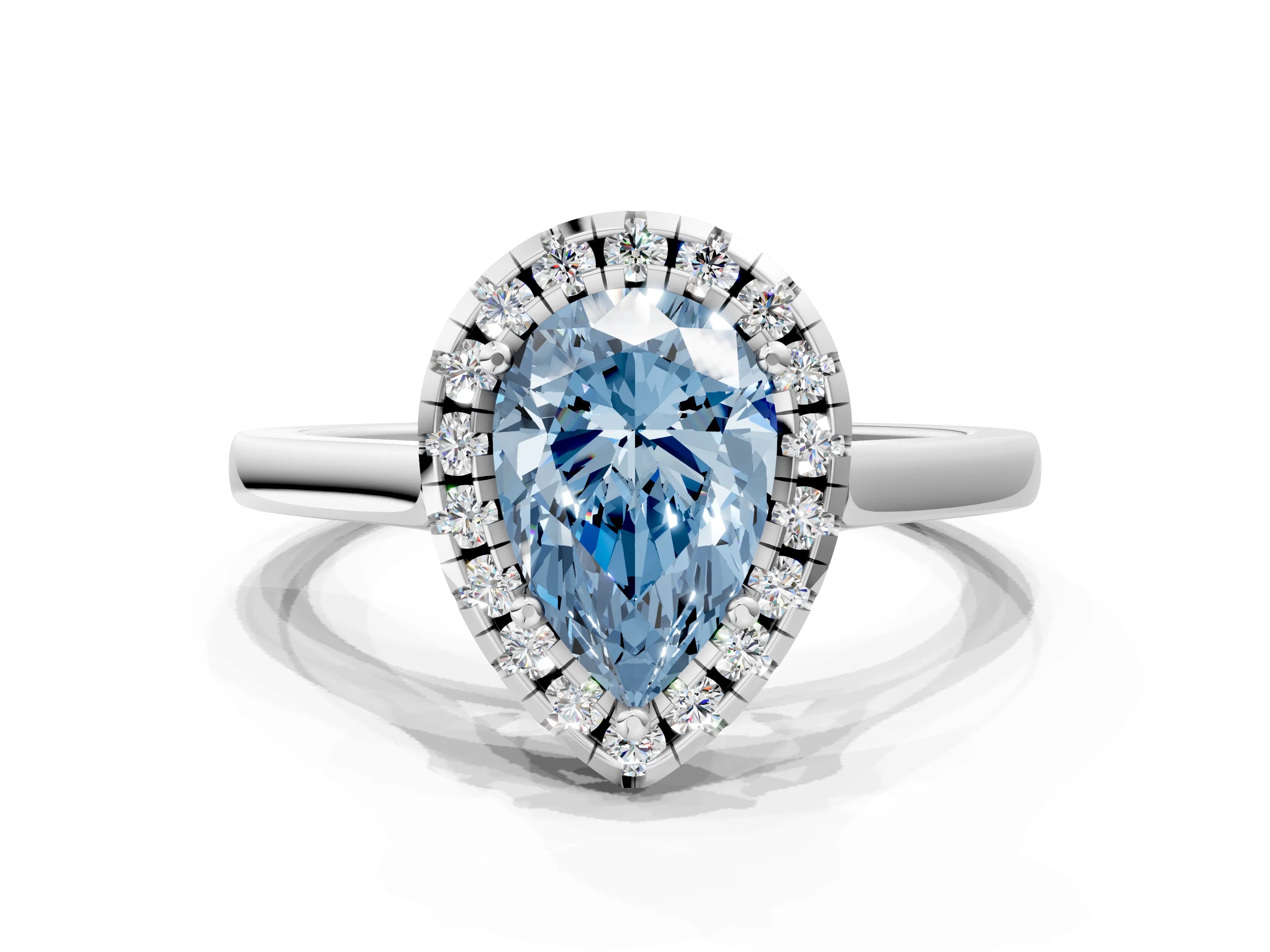 White gold Fancy Blue Pear Cut Halo Round Diamond Solitaire Ring with Pavé Band and Four-Prong Setting_12