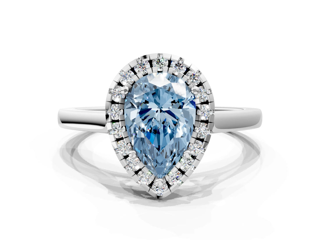 White gold Fancy Blue Pear Cut Halo Round Diamond Solitaire Ring with Pavé Band and Four-Prong Setting_12