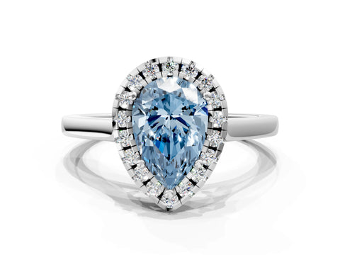White gold Fancy Blue Pear Cut Halo Round Diamond Solitaire Ring with Pavé Band and Four-Prong Setting_12