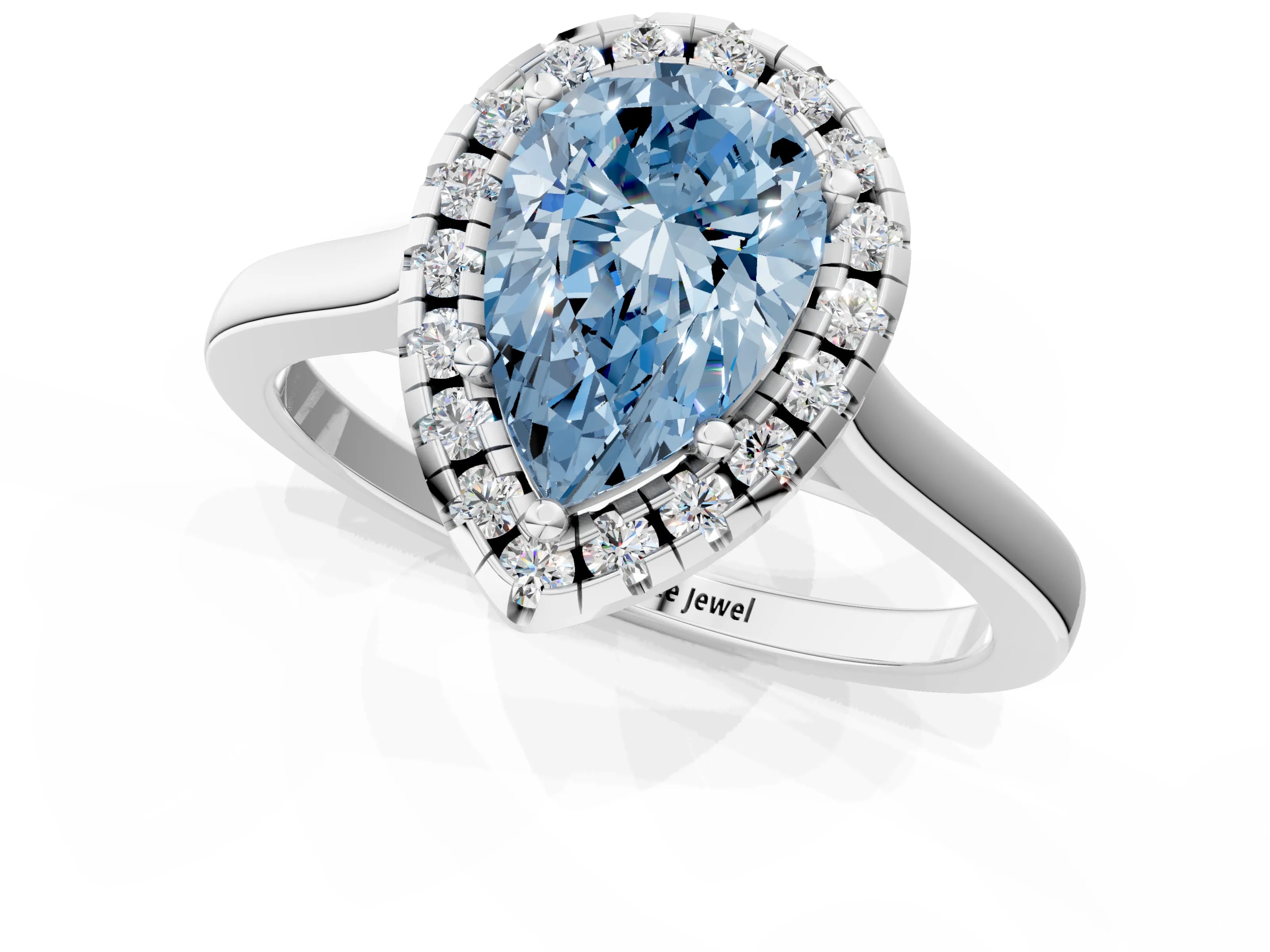 White gold Fancy Blue Pear Cut Halo Round Diamond Solitaire Ring with Pavé Band and Four-Prong Setting_13
