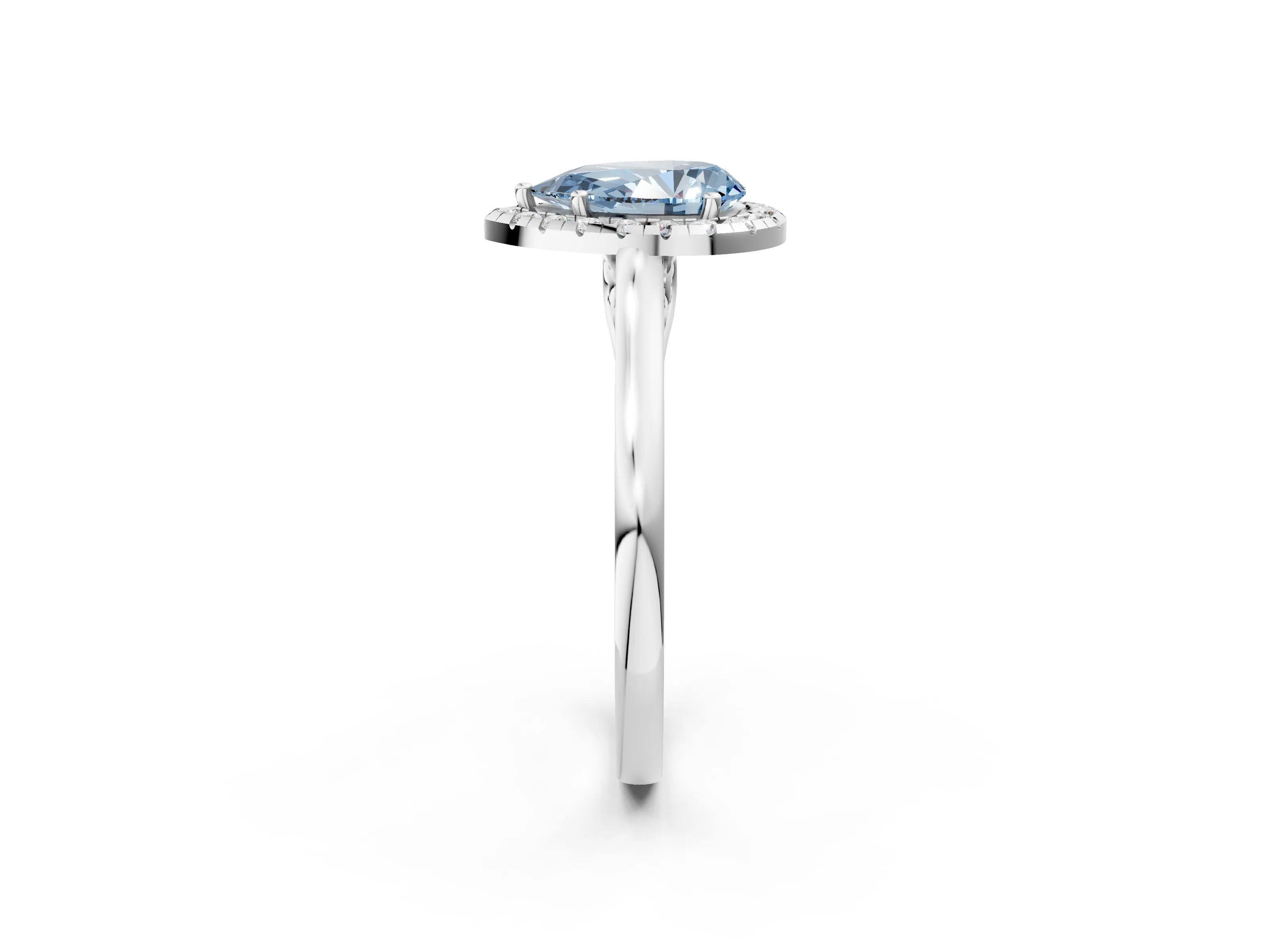 White gold Fancy Blue Pear Cut Halo Round Diamond Solitaire Ring with Pavé Band and Four-Prong Setting_14