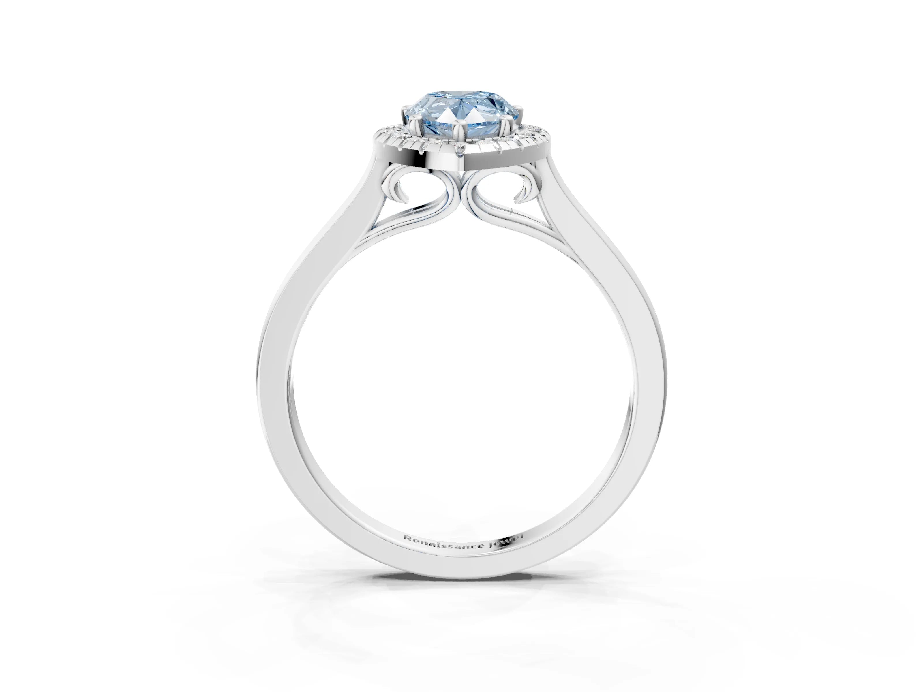 White gold Fancy Blue Pear Cut Halo Round Diamond Solitaire Ring with Pavé Band and Four-Prong Setting_15