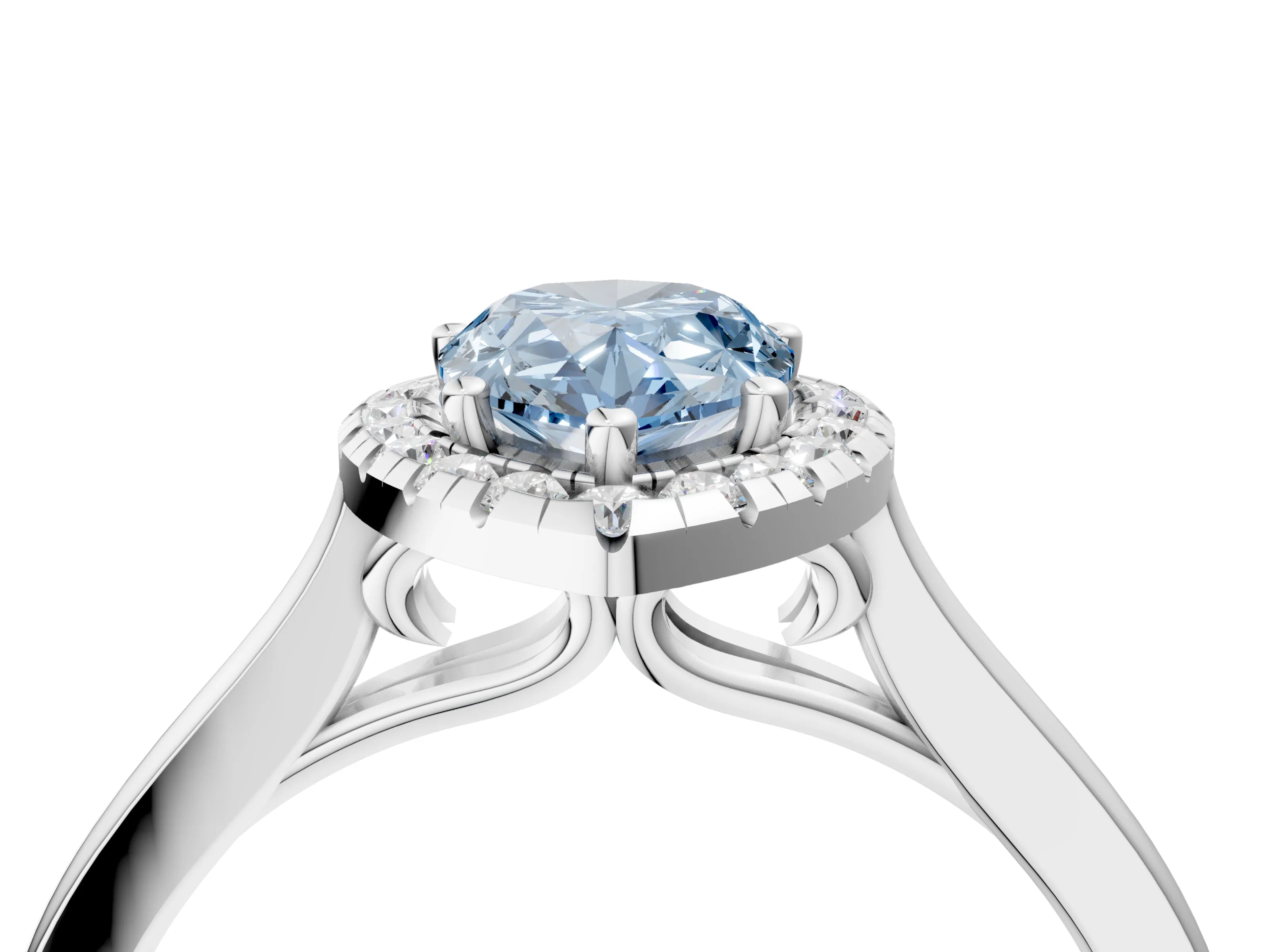 White gold Fancy Blue Pear Cut Halo Round Diamond Solitaire Ring with Pavé Band and Four-Prong Setting_16