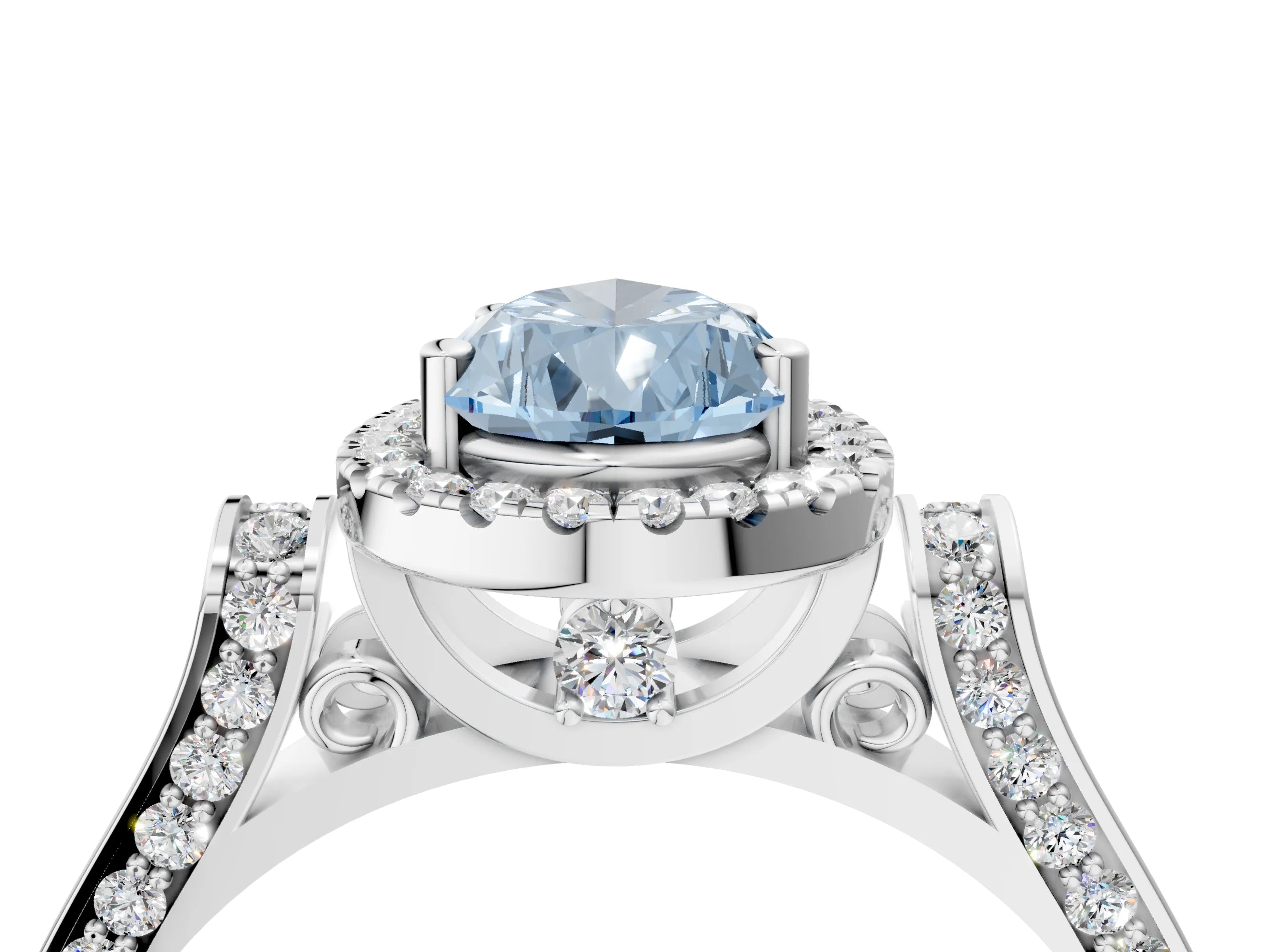 White gold Fancy Blue Pear Cut Halo Round Diamond Twist Band with Four-Prong Setting_28