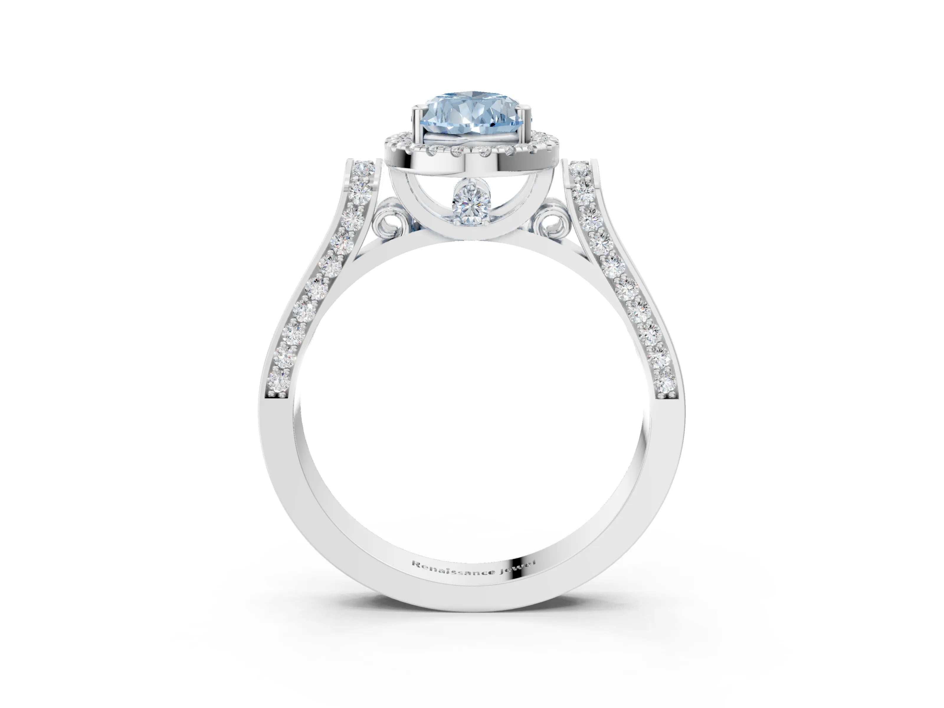 White gold Fancy Blue Pear Cut Halo Round Diamond Twist Band with Four-Prong Setting_3
